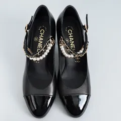シャネル メリージェーン チェーン & パール アンクルストラップ チャンキーヒール パンプス ブラック38C / 24.0cm～24.5cm