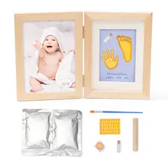 新品お得 ベビーフレーム 子供 手形 足形 粘土 フォトフレーム 写真立て 無毒 安全 赤ちゃん 新生児 出産祝い 内祝い メモリアル ボックス ベビー記念品 成長記録 誕生日 お母さん 猫 犬 肉球折り畳み式(ナチュラルフォトフレーム、ライトブルー粘土)