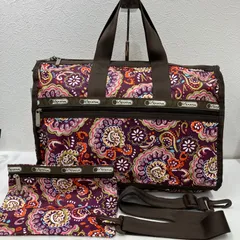 6432　LeSportsac　レスポートサック　 ボストンバッグ　2way　 ミディアムウィークエンダー　 旅行　大容量　ポーチ付き　 花柄　総柄　ブラウン×パープル系　 茶　紫　ナイロン　軽量　レディース