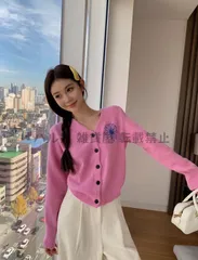 mardi秋冬シリーズリトルデイジー刺繍Vネックカーディガン長袖ニットレディース#ピンク