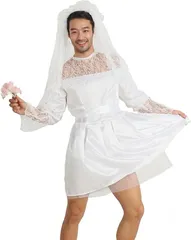 R-Dream ウェディングドレス コスプレ 男性用 花嫁 コスチューム メンズ 女装 衣装 ハロウィン 仮装 ベール ヴェール おもしろ 面白い ジョーク 結婚式 余興 宴会 (ホワイト,  Free Size)