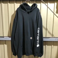 910 carhartt 袖ロゴ スウェットパーカー 3XL ブラック カーハート ビッグサイズ ワーク 裏起毛 古着卸 アメリカ仕入