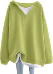 Lopis パーカー レディース スウェット 長袖 切り替え 重ね着風 ゆったり シンプル 薄手 大きいサイズ 体型カバー かわいい 着痩せ (グリーン,  2XL)
