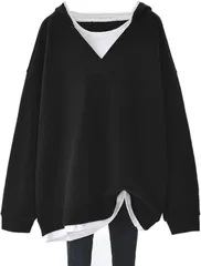 Lopis パーカー レディース スウェット 長袖 切り替え 重ね着風 ゆったり シンプル 薄手 大きいサイズ 体型カバー かわいい 着痩せ (ブラック,  2XL)