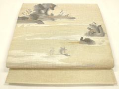 素敵な装い！西陣名古屋帯 綿芯仕立付 「鳥獣人物戯画」クリーム