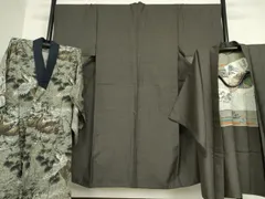 平和屋着物●男性　紬　アンサンブル　長襦袢セット（無双仕立て）亀甲柄　正絹　逸品　DAAY9268az