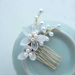 天然石ローズクォーツによるお花とパールの枝のヘアコーム