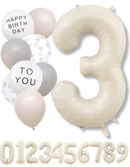 風船セット くすみ ナンバーバルーン 誕生日 アイボリー 大きい バースデー ベージュ デコレーション バルーン (3 数字 くすみホワイト)