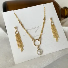 142. セット 一粒パール 華奢チェーンネックレス&揺れるスイングピアス/イヤリング