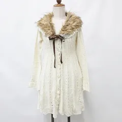 アクシーズファム axes femme カーディガン ロング 長袖 ファー レース リボン クリーム ブラウン ベージュ 茶 M