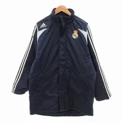 アディダス adidas レアルマドリード REAL MADRID ベンチコート ロング ロゴ刺繍 ライン M 紺 ネイビー /JS