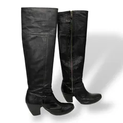 美品　JOHNNY MOKE ジョニーモーク　ロングブーツ　ニーハイブーツ　サイドジッパー　ストラップ付き　レザー　本革　黒　ブラック　サイズ39 24.5cm