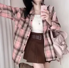 価格固定カジュアルピンクチェックシャツ