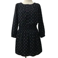 ナチュラルビューティーベーシック NATURAL BEAUTY BASIC ワンピース フレア ミニ 総柄 ウエストゴム 長袖 M 紺 赤 ネイビー レッド