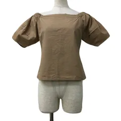 ミーア MIIA ブラウス カットソー プルオーバー スクエアネック レースアップ 無地 半袖 F 茶 ベージュ ブラウン