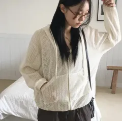 エイブリー ウィンダウィンダー ヴィンテージ エンブロイダリー シースルー ニット フード カーディガン ジップアップ ノーブランド