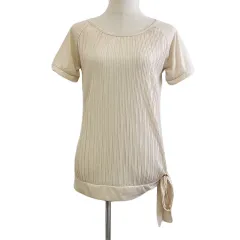 コムサイズム COMME CA ISM カットソー プルオーバー ラウンドネック プリーツ サイドリボン 無地 半袖 L ベージュ