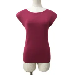 プラステ PLST カットソー ニット プルオーバー ラウンドネック Vネック 無地 リブ 2WAY フレンチスリーブ M 赤 ピンク レッド