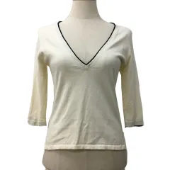 23区 オンワード樫山 セーター ニット プルオーバー Vネック 無地 薄手 七分袖 38 白 ベージュ ホワイト