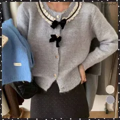 襟レースニットカーディガンリボントップス  