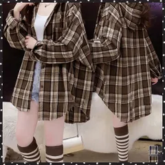 フード付き チェックシャツオーバーサイズ  