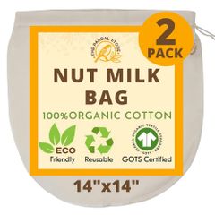 XXL 14" x 14" Nut Milk Bag - 100% Organic Unbleached Cotton Easy-to-Wash Nut Milk Strainer/Cheesecloth Bag, Reusable for Straining Oat Milk, Almond Milk, Cheesemaking, and Celery Juice