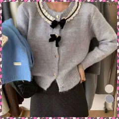 送料無料 襟レースニットカーディガンリボントップス  