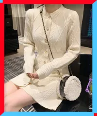 新品 レディース ケーブル編み ニットワンピース ミニ丈 クルーネック 長袖 羽織り 金ボタン 秋 韓国風【送料無料】