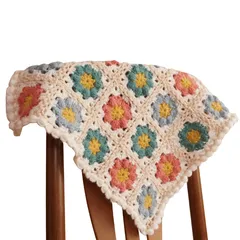 春らしいお花モチーフ編みのひざ掛け・ブランケット・マルチカバー・フリークロス 手編み ハンドメイド かぎ針編み