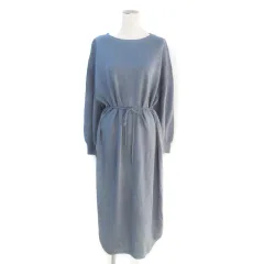 ローリーズファーム LOWRYS FARM ニットワンピース ロング丈 マキシ丈 長袖 ボートネック リボン付き 無地 サイドスリット F 青 ブルー /FF6