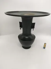 花器 青銅色 花台 窯 工房 池坊 フラワーベース 水盤 華道具 花瓶 変形 シンプル 生花 華道 金属 手作り アンティーク レア レトロ インテリア ビンテージ 昭和 鳳凰耳 桔梗口 24428四つ葉[YT00535]