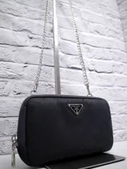 美品◆ PRADA プラダ 男女可 RE-NYLON リナイロンxサフィアーノレザー クロスボディ ショルダー カメラ バッグ 財布 ポーチ ポシェット 黒