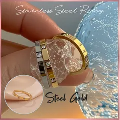 3つのダイヤが輝くゴールドステンレススチールリング  2mm 重ね付け 普段使い 水洗い可能 size:8号/17号/19号サイズからお選びください。