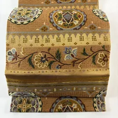 【美品】 袋帯 名品 華文 草花 金糸 唐織 山吹茶色 六通 正絹 【中古】