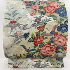 袋帯 名品 扇面洋花文 鳥 刺繍 箔 ベージュ 六通 正絹 【中古】