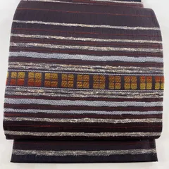 【美品】 袋帯 名品 縞 幾何学 茶紫 六通 正絹 【中古】