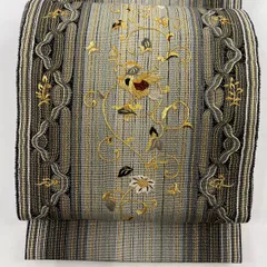 【美品】 袋帯 名品 花唐草 鳥 刺繍 箔 灰色 お太鼓柄 正絹 【中古】