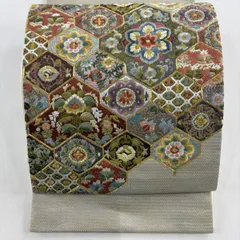 【美品】 袋帯 名品 華文 向かい鳥 刺繍 金糸 ベージュ お太鼓柄 正絹 【中古】