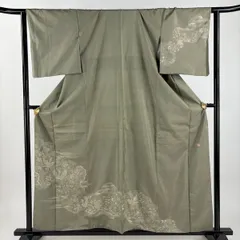 【美品】 付下げ 身丈159.5cm 裄丈64cm M 袷 落款 花鳥 鮫 刺繍 紬地 茶緑色 正絹 名品 【中古】