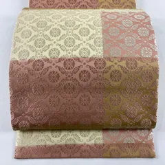 【美品】 袋帯 秀品 花 刺繍 ベージュ 全通 正絹 【中古】