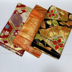 中古美品　帯　袋帯　3点　まとめ　セット　赤　黒　オレンジ　華やか　扇子　花　もみじ　管理番号ARCAMRA187