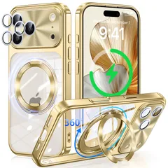 17 Pro Max 用 ケース MagSafe対応 【回転歯車音CD模様リング付き+一体型CD模様カメラレンズ保護】 360度回転スタンド 縦横両対応 iPhone 電気メッキバンパー OURJOY スマホケース アイフォン17 プロマックス クリア カバー