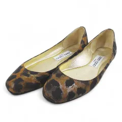 ジミーチュウ JIMMY CHOO フラットシューズ パンプス レオパード 34.5 ブラウン 茶系 スエード  イタリア製