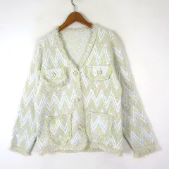 ジャケット カーディガン ニット ツイード風 ラメ フリンジ パールボタン 長袖 M マルチカラー