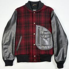 vanson スタジャン チェック柄 レザーカラー 牛革 ウール 刺繍入り L