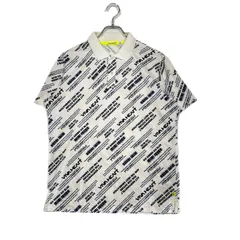 中古 メンズ ビバハート VIVA HEART 半袖ポロシャツ 50(L) 白×紺 ホワイト 総柄 薄手 ストレッチ