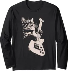 送料無料 　100%コットン　エレキギターを弾く猫 面白いキャットロッカー ロックショー 長袖Tシャツ メンズ  レディース　かわいい　ユーモア　パロディ 柔らかい肌触り オシャレ 快適 丸襟 軽い  服 通勤 部屋着  春秋