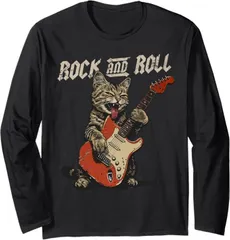 送料無料 　100%コットン　面白い　ロックンロール ギター 猫 ビンテージ ROCK ギタリスト 猫 長袖Tシャツ メンズ  レディース　かわいい　ユーモア　パロディ 柔らかい肌触り オシャレ 快適 丸襟 軽い  服 通勤 部屋着  春秋