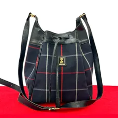 極 美品 Burberrys バーバリーズ ヴィンテージ ノバチェック 柄 ロゴ 金具 キャンバス レザー 本革 巾着 ショルダーバッグ ネイビー 01914