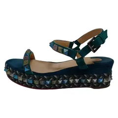 クリスチャンルブタン サンダル 36 レディース - グリーン×シルバー×マルチ スタッズ/ウェッジソール/オープントゥ/アウトソール張替済